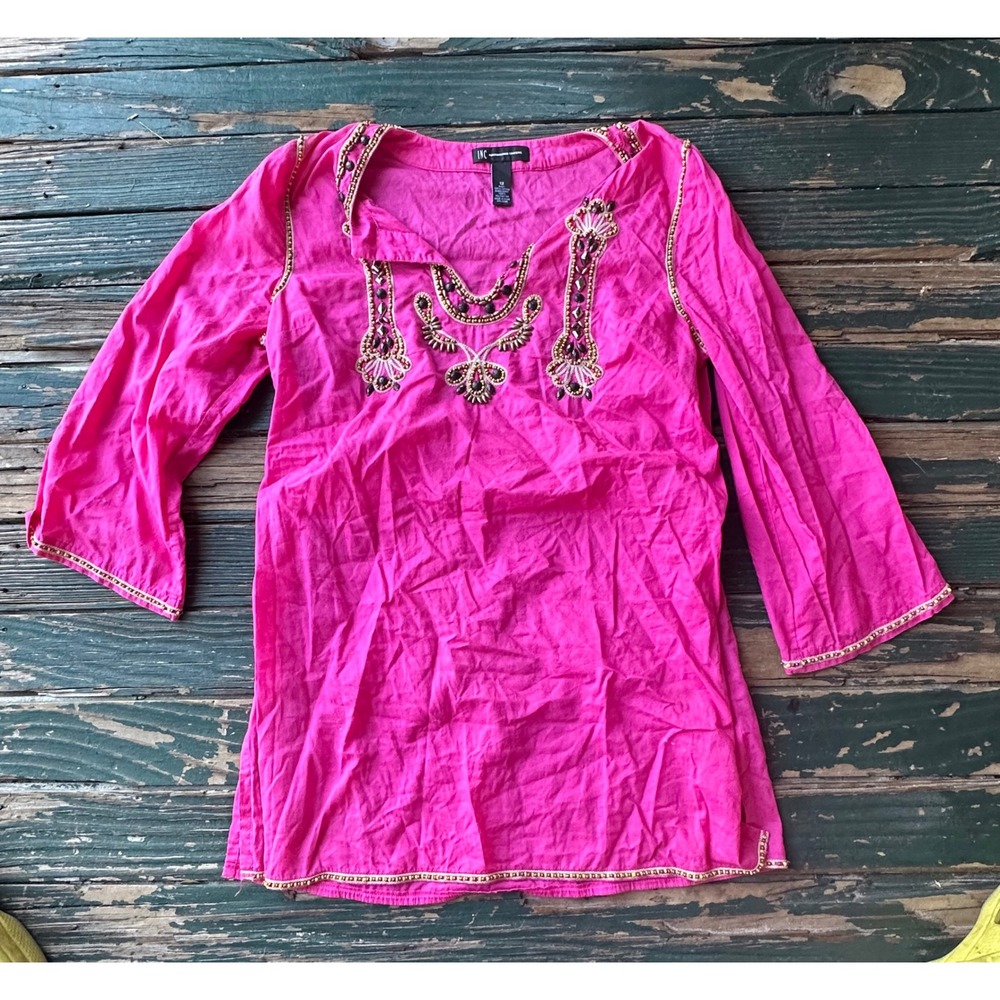INC International Concepts Pink Beaded Embroidered Cotton Tunic Top Size 12